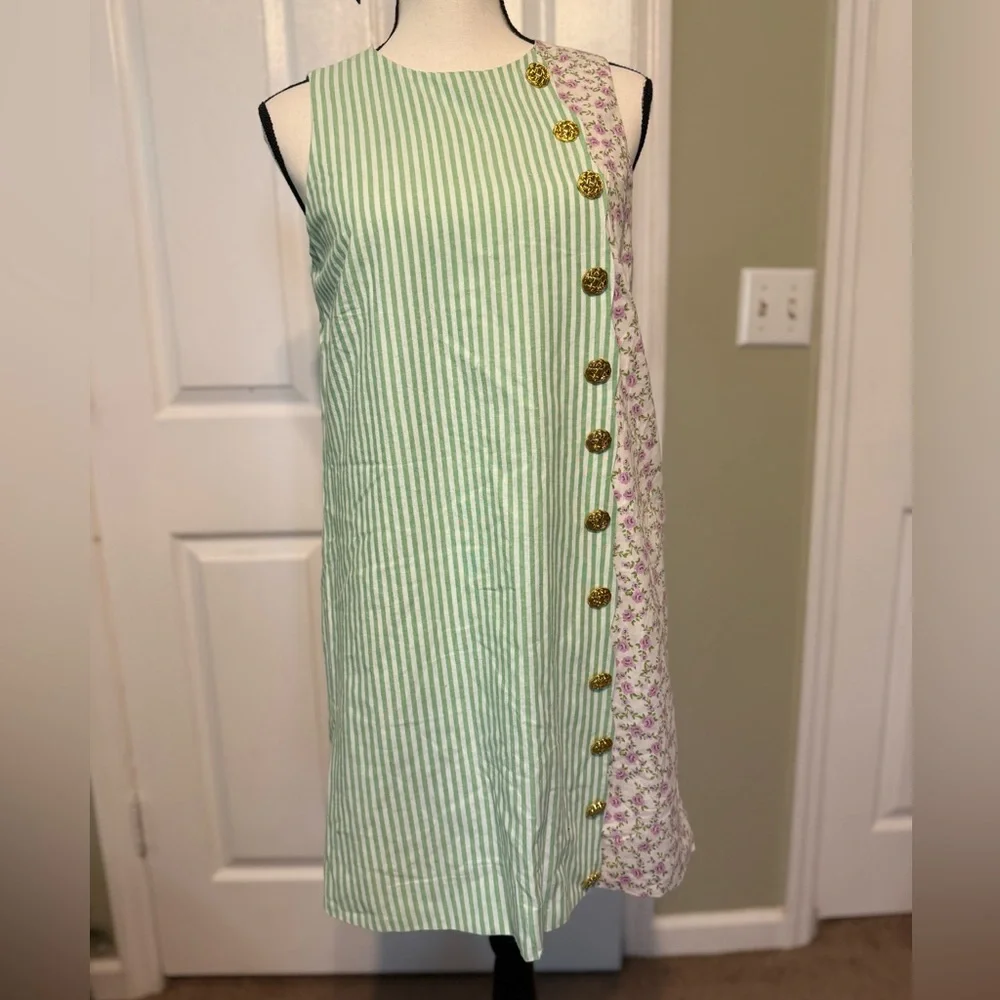 Sleeveless Mint Stripe & Floral Mini Dress with Yellow Button Trim